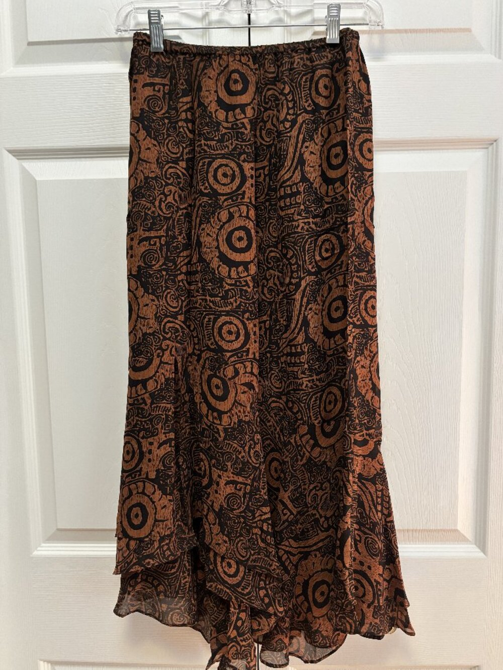 Chico's 100% Silk Asymmetrical Midi Skirt Brown Black Abstract Print Size 0